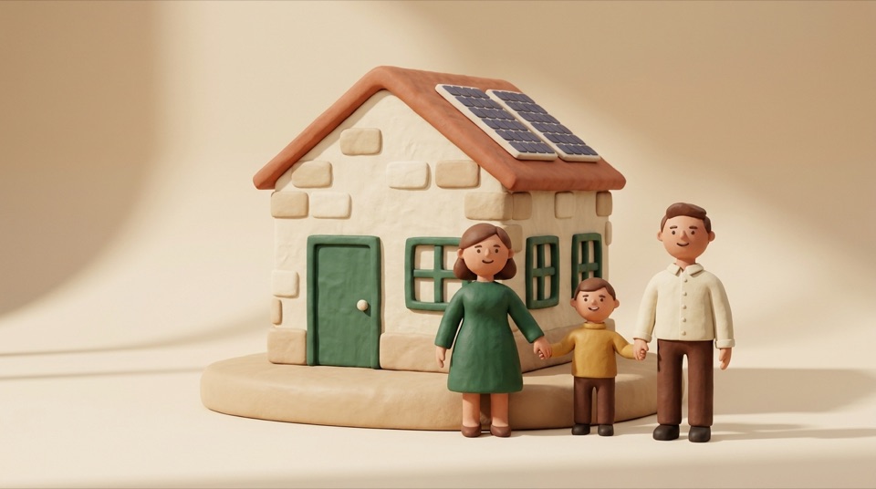 Illustration: Familie vor ihrem Zuhause mit Solaranlage auf dem Dach