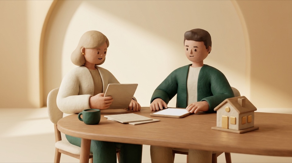 Illustration: zwei Menschen vergleichen ruhig am Tisch ihre Angebote