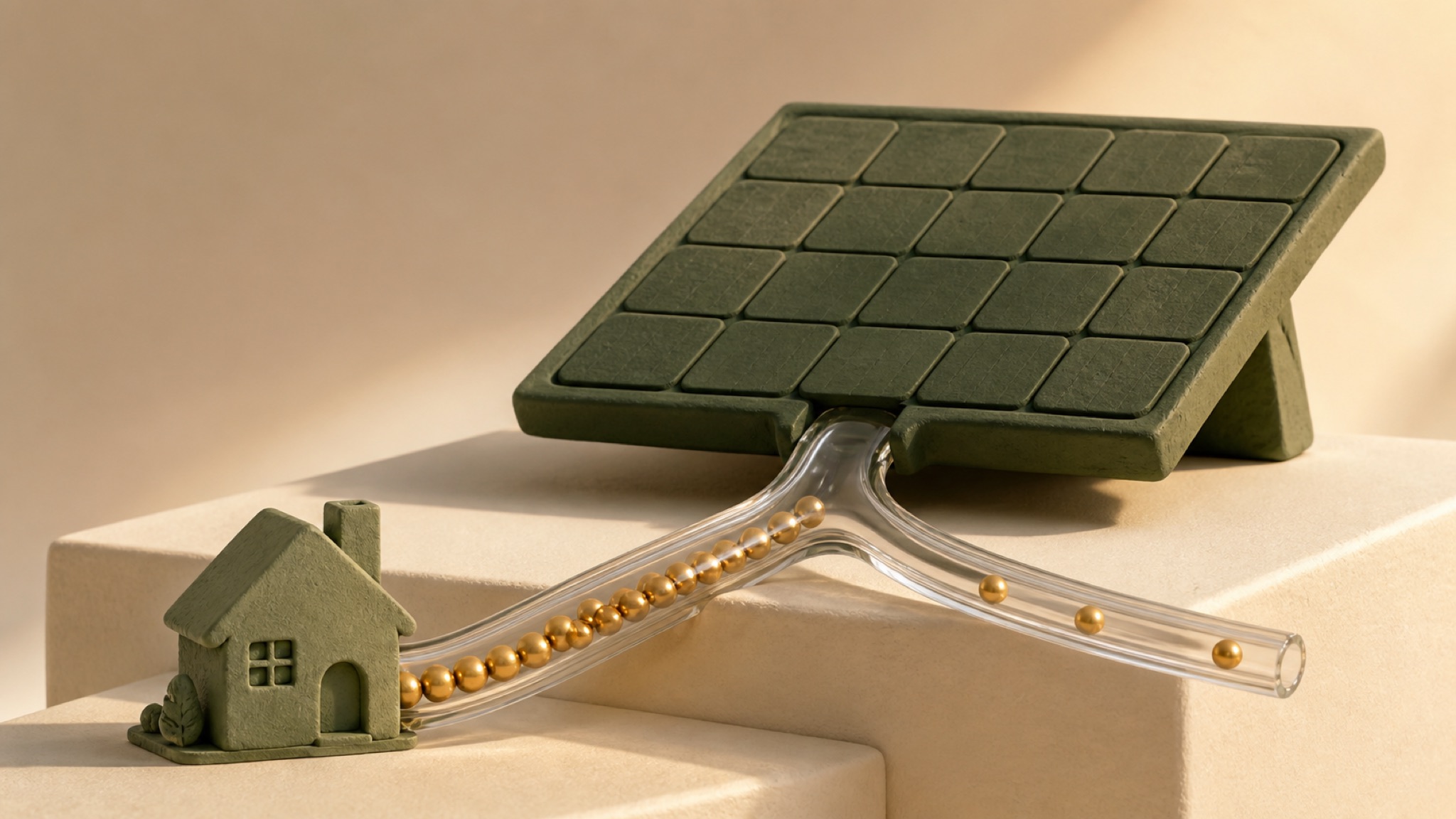 Clay-Solarmodul mit einem gläsernen Rohr, das goldene Kugeln in zwei Richtungen leitet