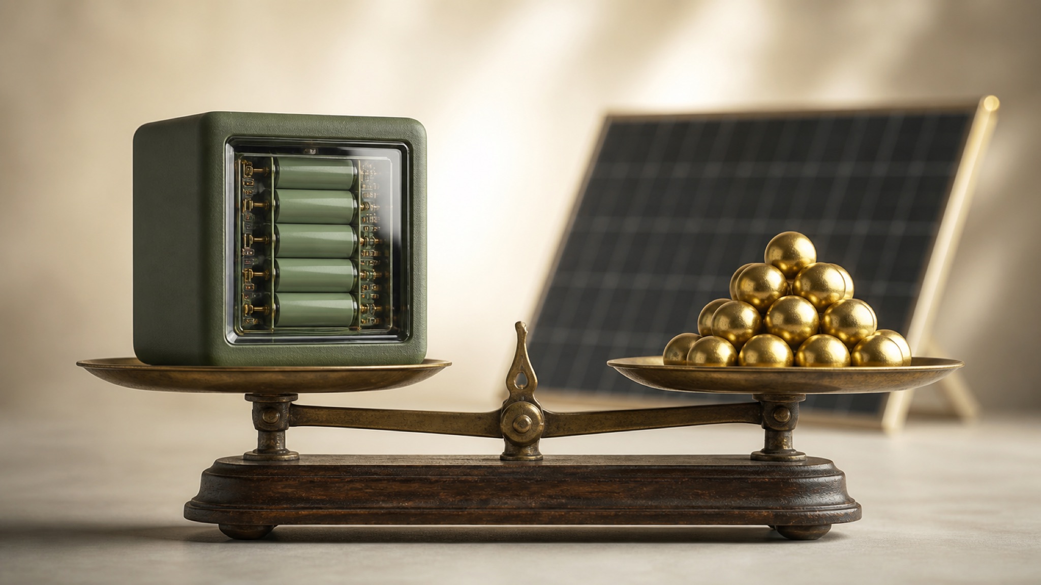 Balkenwaage mit einem Batteriespeicher auf der einen und goldenen Kugeln auf der anderen Schale